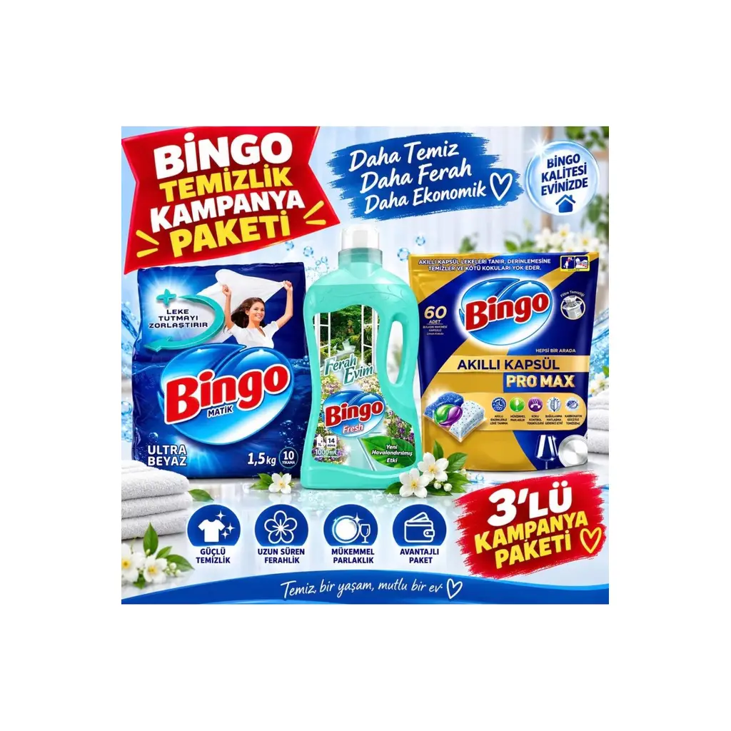 BINGO MATIK CAM.DETERJANI1,5 KG ,YÜZEY TEMİZLEYİCİ VE BULAŞIK KAPSÜL 60 LI PAKET 