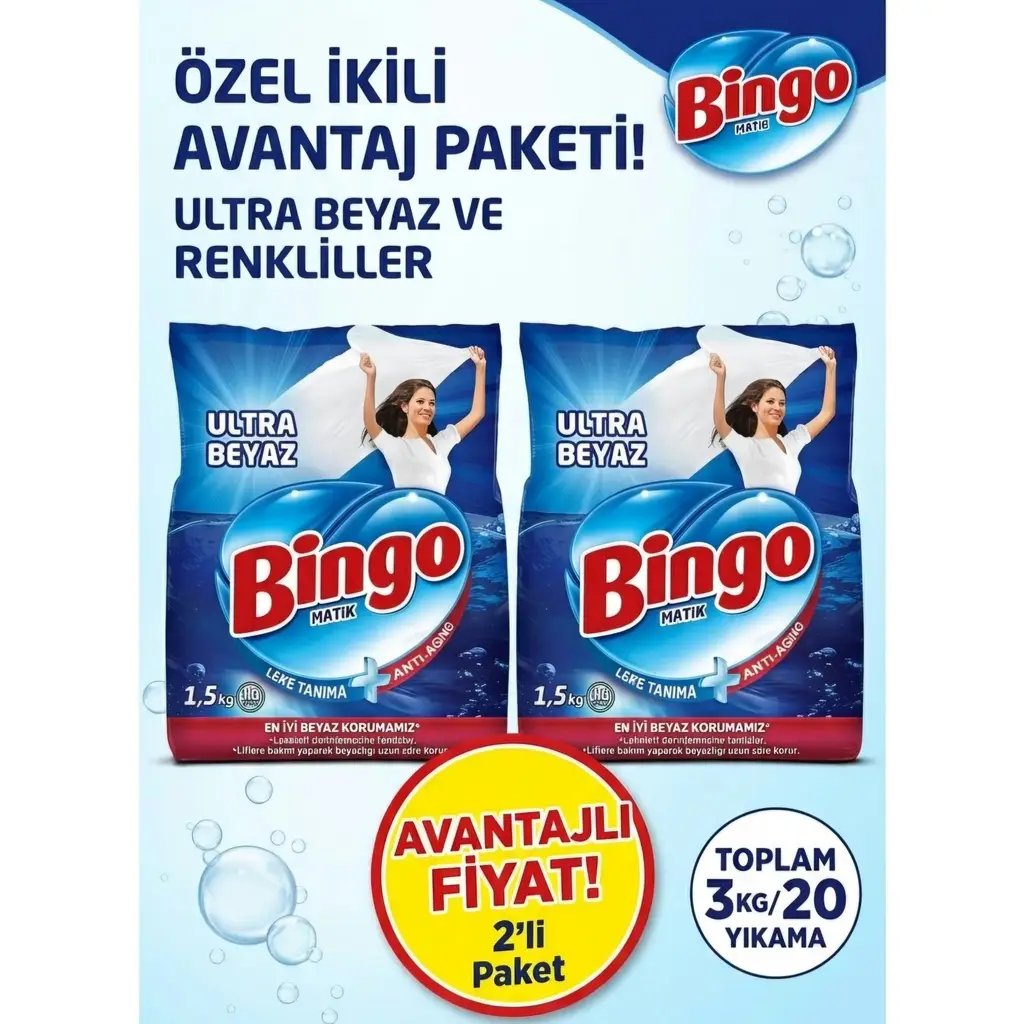 BINGO MATIK CAMASIR DETERJANI 1,5 KG ULTRA BEYAZ 2 ADET 