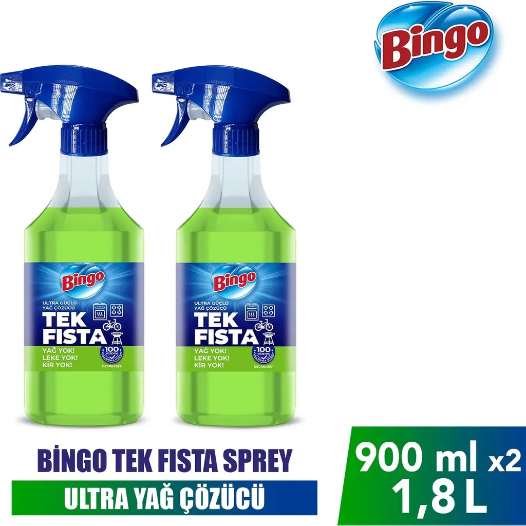 Bingo Tek Fısta Ultra Güçlü Yağ Çözücü Sprey 900 ml X 2 Leke Yok Özelliği ile Temizlik