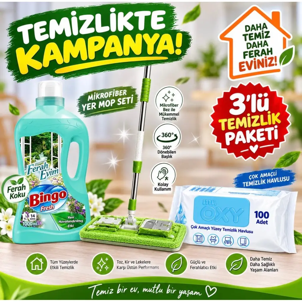 BINGO YUZEY TEMIZLEME YER TEMİZLEME VE ISLAK HAVLU SETİ 