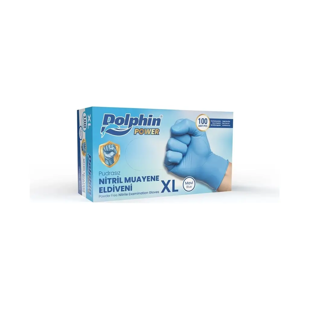 Dolphin Nitril Muayene Eldiveni Pudrasız Kalın Mavi Xl Beden 100 Adet-