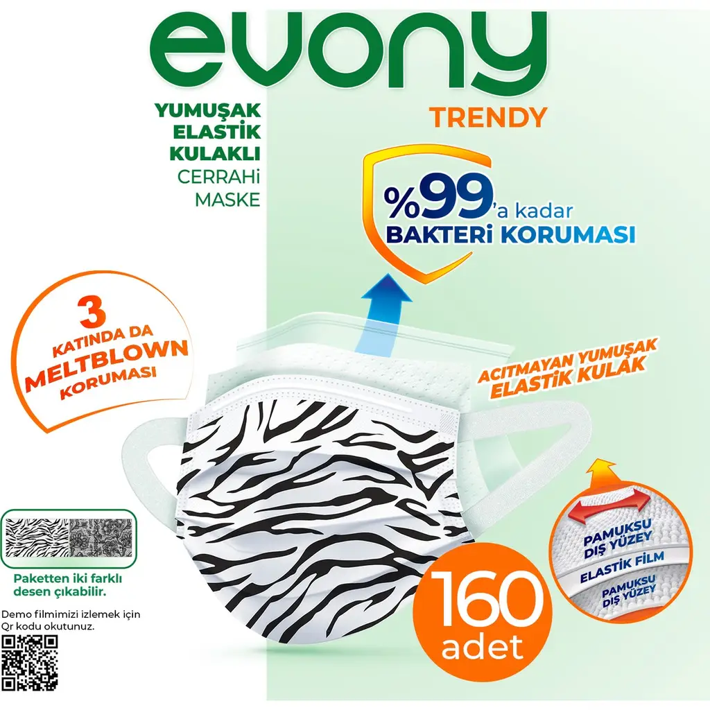 Evony Tip IIR Cerrahi Maske %99 Filtrasyon, Telli Elastik Kulaklı, Zebra ve Dantel Desenli S/M Kadın, 160'lı Paket