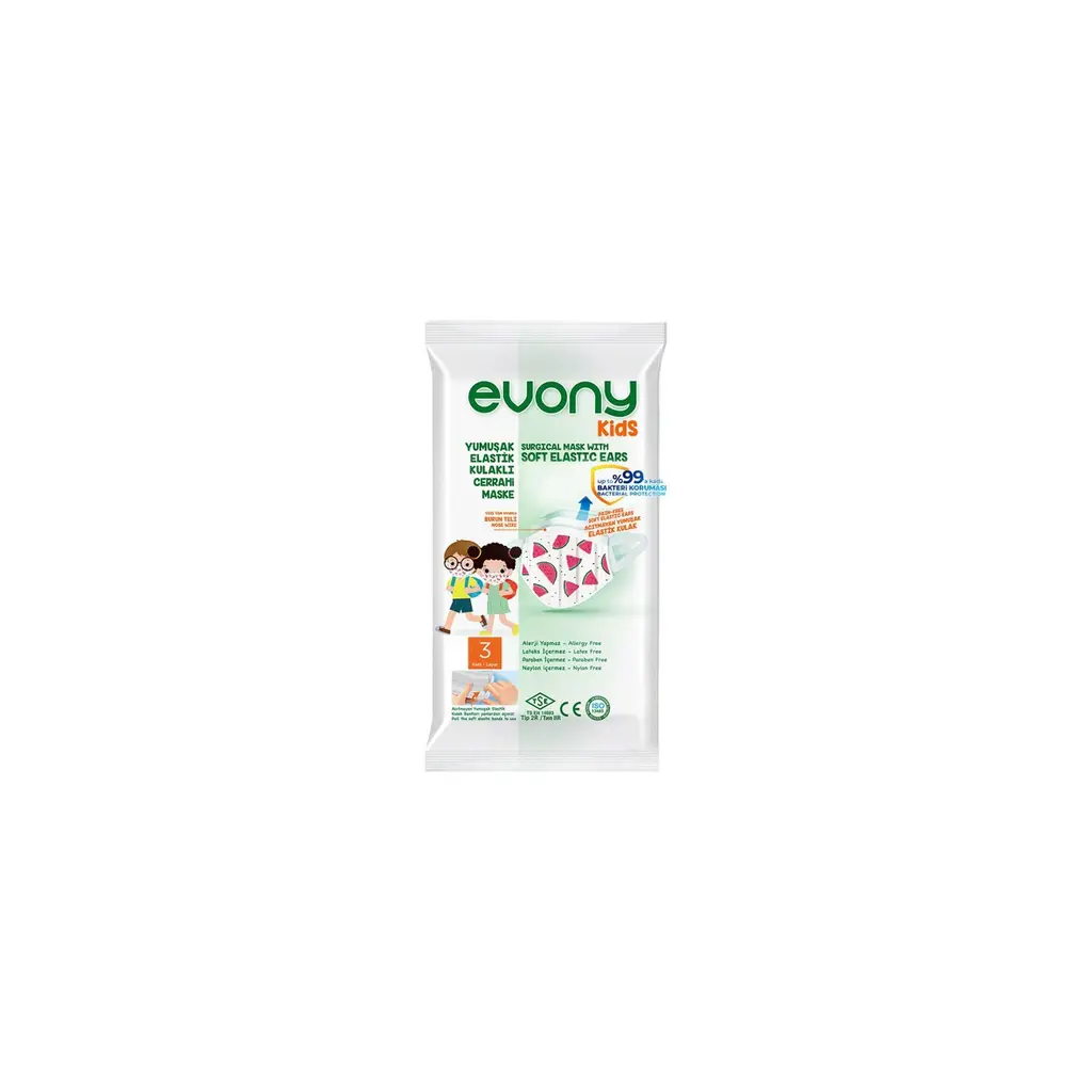 Evony Yumuşak Elastik Kulaklı 3 Katlı Telli Cerrahi Maske Kids (Çocuk) 10'lu x 16 Adet