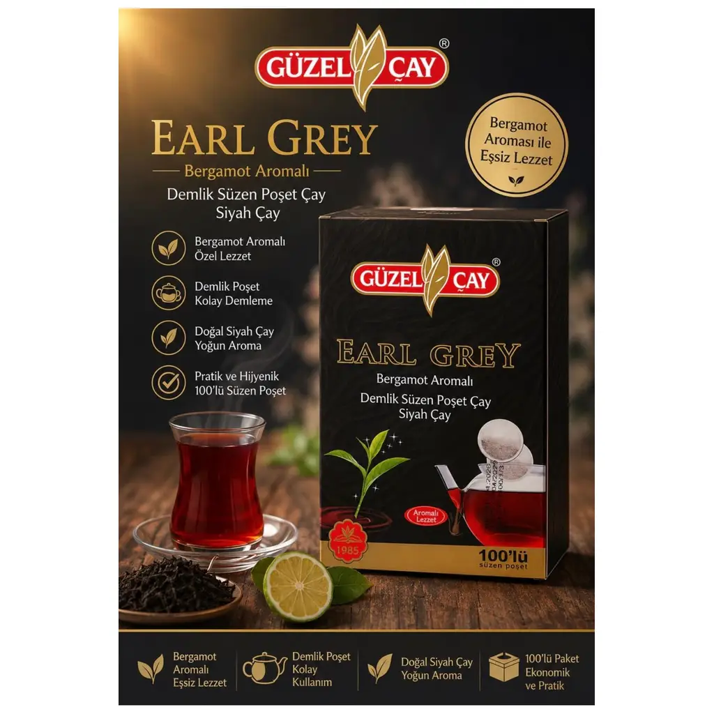 GÜZELÇAY EARLGREY BERGAMUT AROMALI DEMLİK POŞET ÇAY 100 LÜ