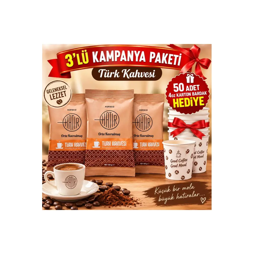 KARACA HATIR TURK KAHVESI 100 GR*3 ADET VE KARTON BARDAK SETİ