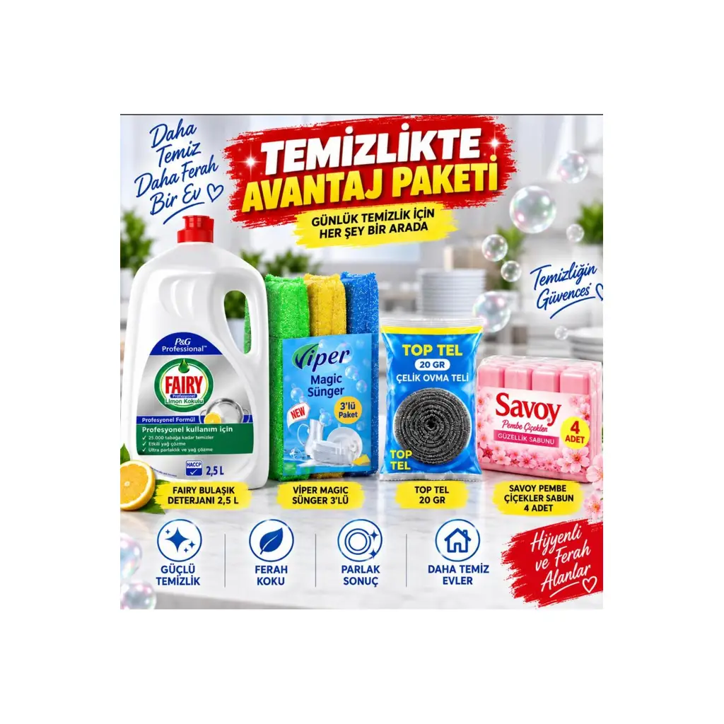 SÜNGER SABUN ELDE BULAŞIK DETERJANI VE OVMA TELİ 4 LÜ SET 